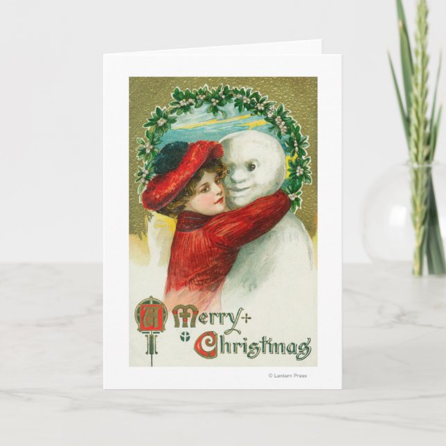 A Merry Christmas Hugging Snowman Scene Holiday Card (Front)