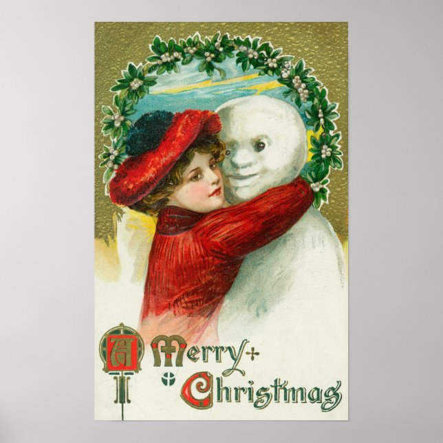 A Merry Christmas Hugging Snowman Scene Poster (Front)