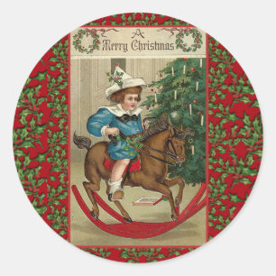 A Merry Christmas Rocking Horse Vintage Art Classic Round Sticker