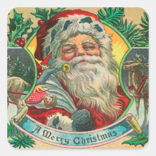 A Merry Christmas Santa and Reindeer Scene Square Sticker