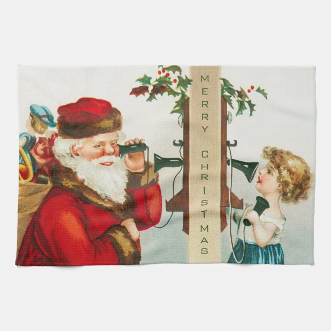 A Merry Christmas Santa Claus by Ellen Clapsaddle Tea Towel (Horizontal)