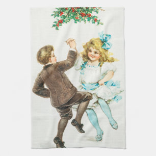 A Merry Christmas - vintage card, dancing children Tea Towel