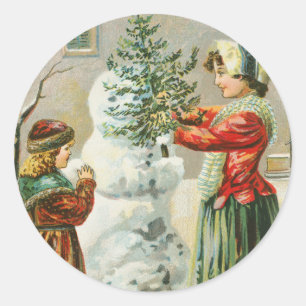 A Merry Christmas Woman, Child and Snowman Classic Round Sticker