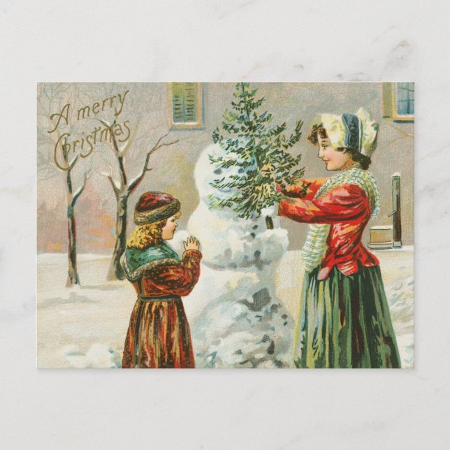 A Merry Christmas Woman, Child and Snowman Holiday (Front)