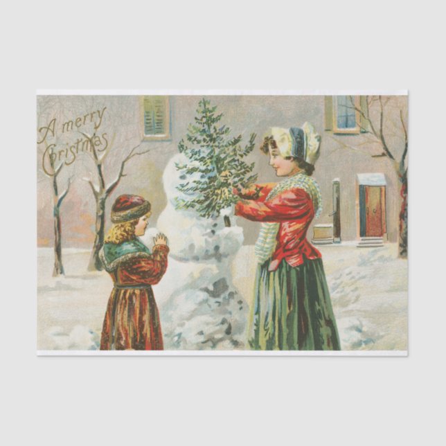 A Merry Christmas Woman, Child and Snowman Holiday Tissue Paper (Front)
