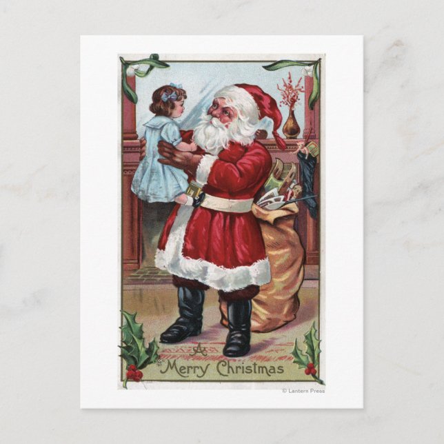 A Merry ChristmasSanta Holding Girl in Blue Holiday Postcard (Front)