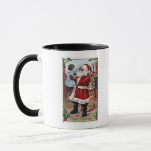 A Merry ChristmasSanta Holding Girl in Blue Mug