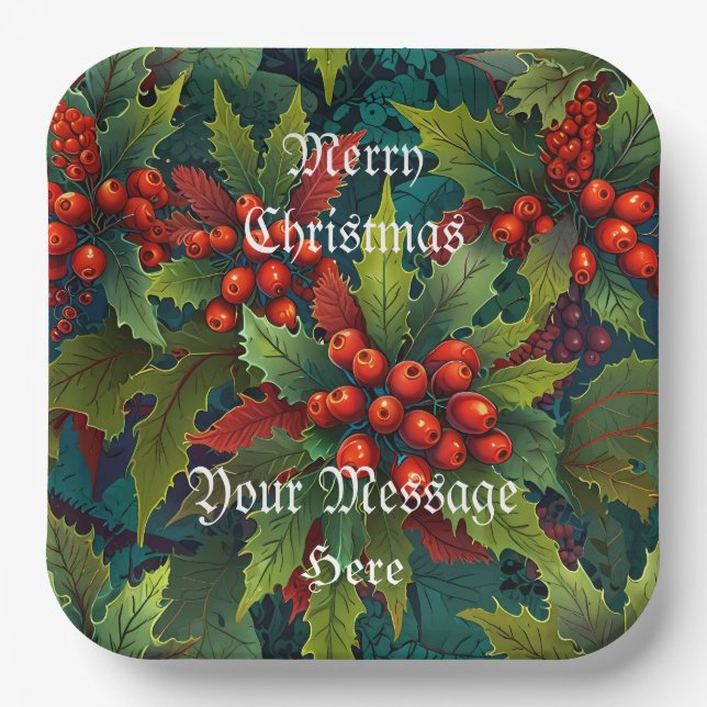 A Merry Festive Christmas Holly Holiday  Paper Plate (Front)