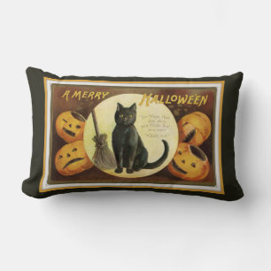 A Merry Halloween Black Cat and Pumpkins Black Lumbar Cushion