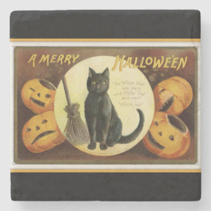 A Merry Halloween Black Cat and Pumpkins Black Stone Coaster