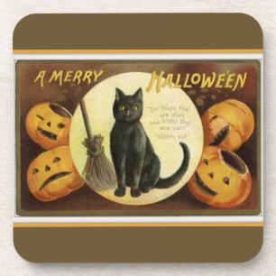 A Merry Halloween Black Cat and Pumpkins Brown Coaster