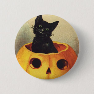 A Merry Halloween by Ellen Clapsaddle, Vintage Cat 6 Cm Round Badge