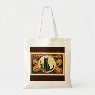 A Merry Halloween Vintage Black Cat and Pumpkins Tote Bag