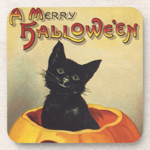 A Merry Halloween, Vintage Black Cat in Pumpkin Coaster