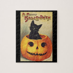 A Merry Halloween, Vintage Black Cat in Pumpkin  Jigsaw Puzzle