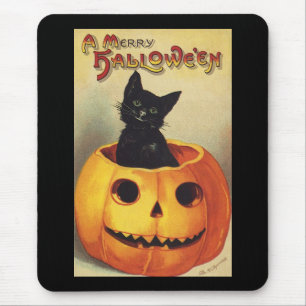 A Merry Halloween, Vintage Black Cat in Pumpkin Mouse Pad