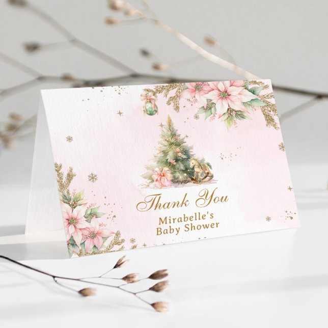 A merry Little baby shower pink Gold Christmas Thank You Card (Creator Uploaded)