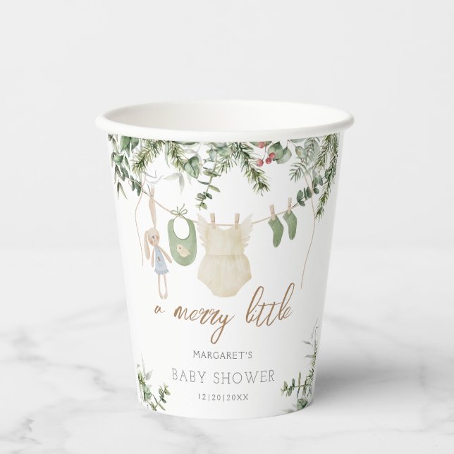 A Merry Little | Boho Girl Winter Baby Shower  Paper Cups (Front)