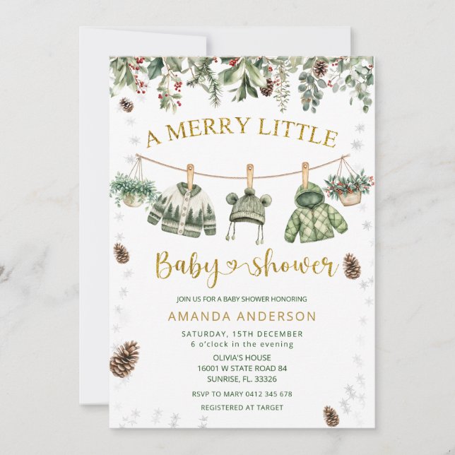 A Merry Little Christmas clothlines Baby Shower Invitation (Front)