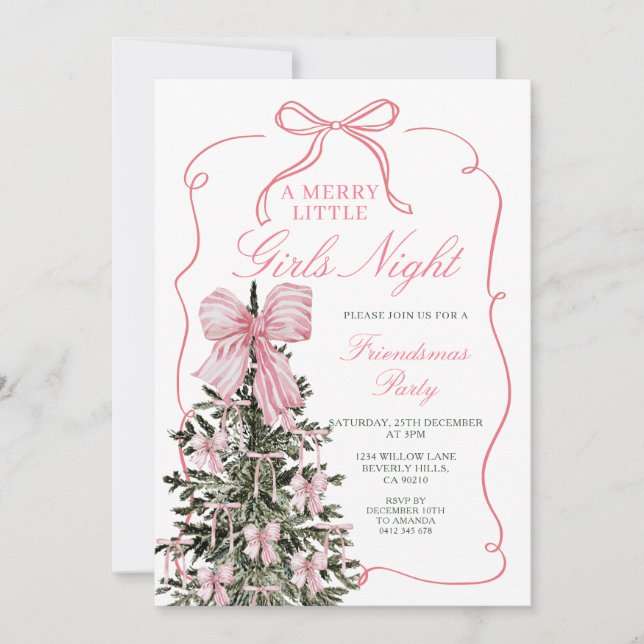 A Merry Little Girls Night Pink Bow Christmas Tree Invitation (Front)