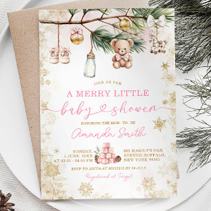 A Merry Little Gold Christmas Pink Baby Shower Invitation