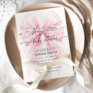 A Merry Little Winter Blush Pink Bow Baby Shower Invitation