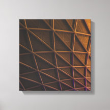 A meshwork of steel beams on an illuminated facade