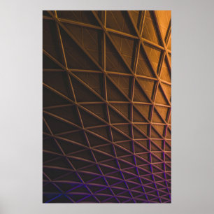 A meshwork of steel beams on an illuminated facade poster