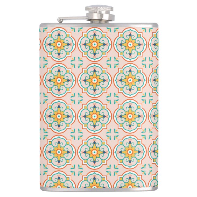 A metal flask with a colorful, symmetrical pattern (Front)
