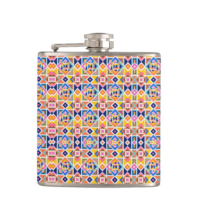 A metal flask with a vibrant geometric pattern (Front)
