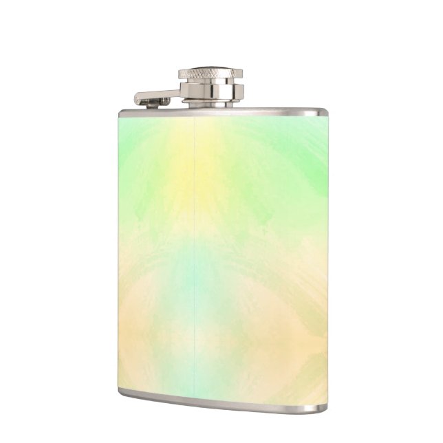 A metal hip flask features a pastel gradient  (Left)