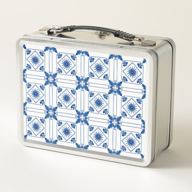 A metal lunchbox featuring a blue and white (Back)