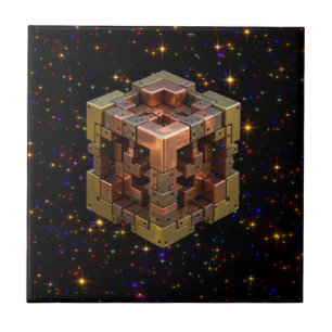 A Metallic Fractal Cube With Coloured Starbursts Ceramic Tile