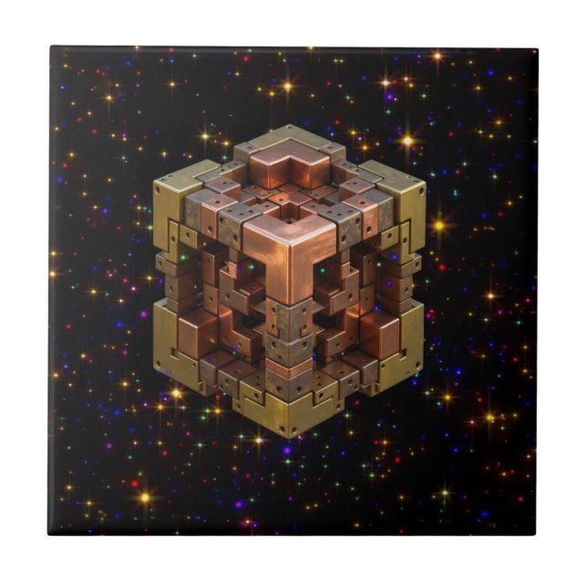 A Metallic Fractal Cube With Coloured Starbursts Ceramic Tile (Front)