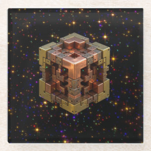 A Metallic Fractal Cube With Coloured Starbursts Glass Coaster