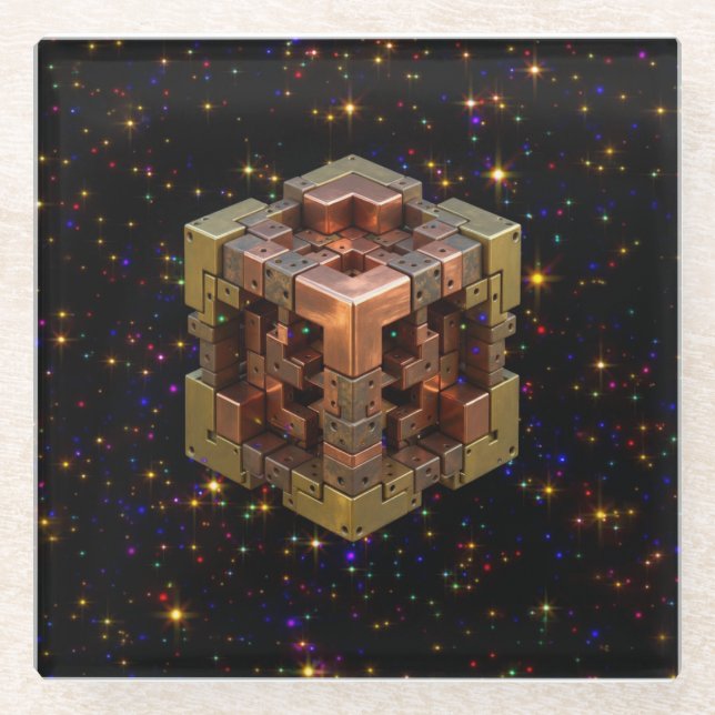 A Metallic Fractal Cube With Coloured Starbursts Glass Coaster (Front)