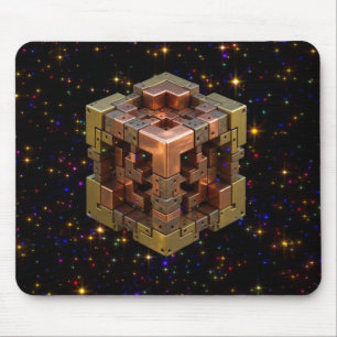 A Metallic Fractal Cube With Coloured Starbursts Mouse Pad
