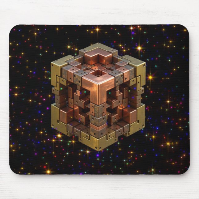 A Metallic Fractal Cube With Coloured Starbursts Mouse Pad (Front)