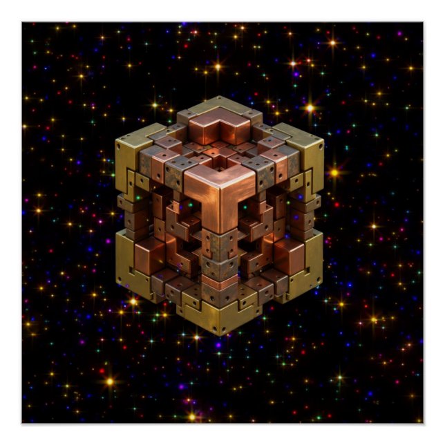 A Metallic Fractal Cube With Coloured Starbursts Poster (Front)
