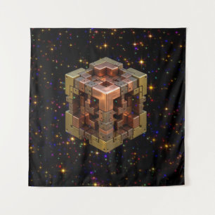 A Metallic Fractal Cube With Coloured Starbursts Tapestry