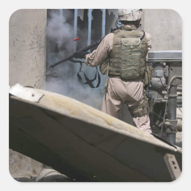 A military policeman uses a breaching round square sticker (Front)