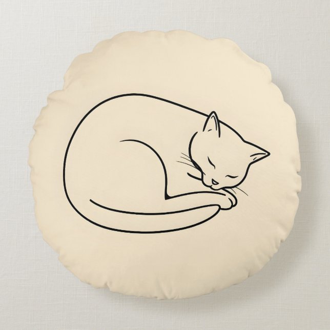A Minimalist Line Art Drawing of a Sleeping Cat Round Cushion (Front)