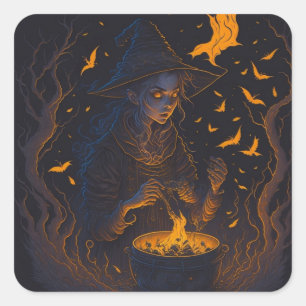 A mischievous witch stirring a cauldron of spells square sticker