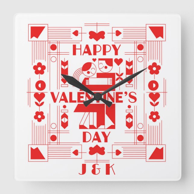 A modern Bauhaus personalized Valentine’s Day Square Wall Clock (Front)