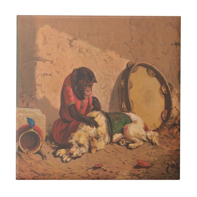 A Monkey And A Dog With A Large Tambourine Ceramic Tile (Front)