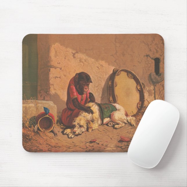 A Monkey And A Dog With A Large Tambourine Mouse Pad (With Mouse)