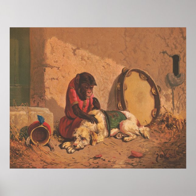 A Monkey And A Dog With A Large Tambourine Poster (Front)