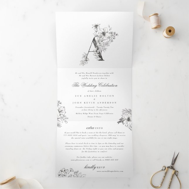 'A' Monogram Beautiful Sketched Floral Wedding Tri-Fold Invitation (Inside)