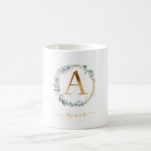 A  monogram, customer specific leafy wreath   coffee mug