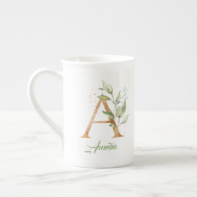 A monogram greenery eucalyptus gold glitter  bone china mug (Left)